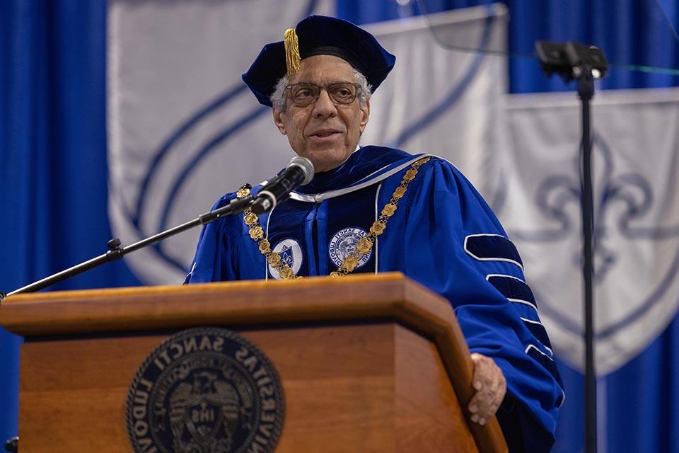 President Fred P. Pestello speaking at the 2022 Mid-Year Commencement